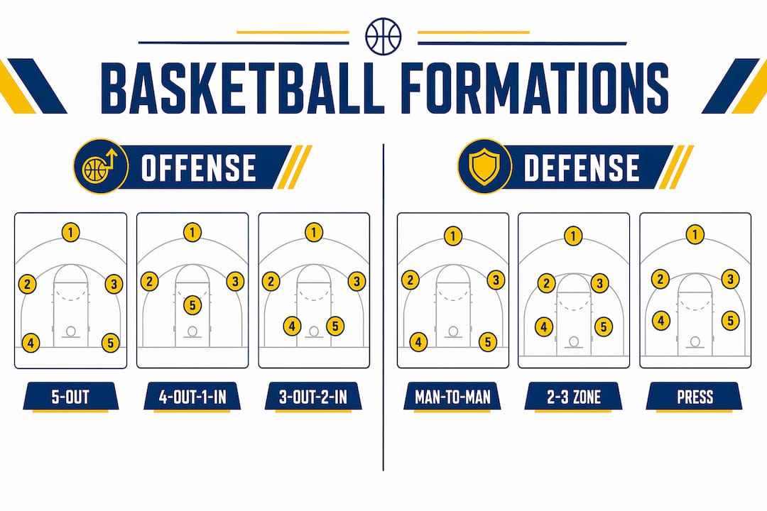 Infographic comparing basketball offensive and defensive formations