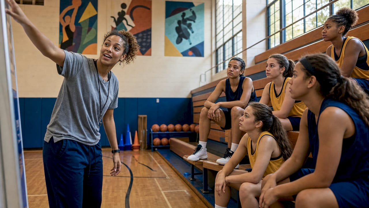 Coach instructing players on practice objectives