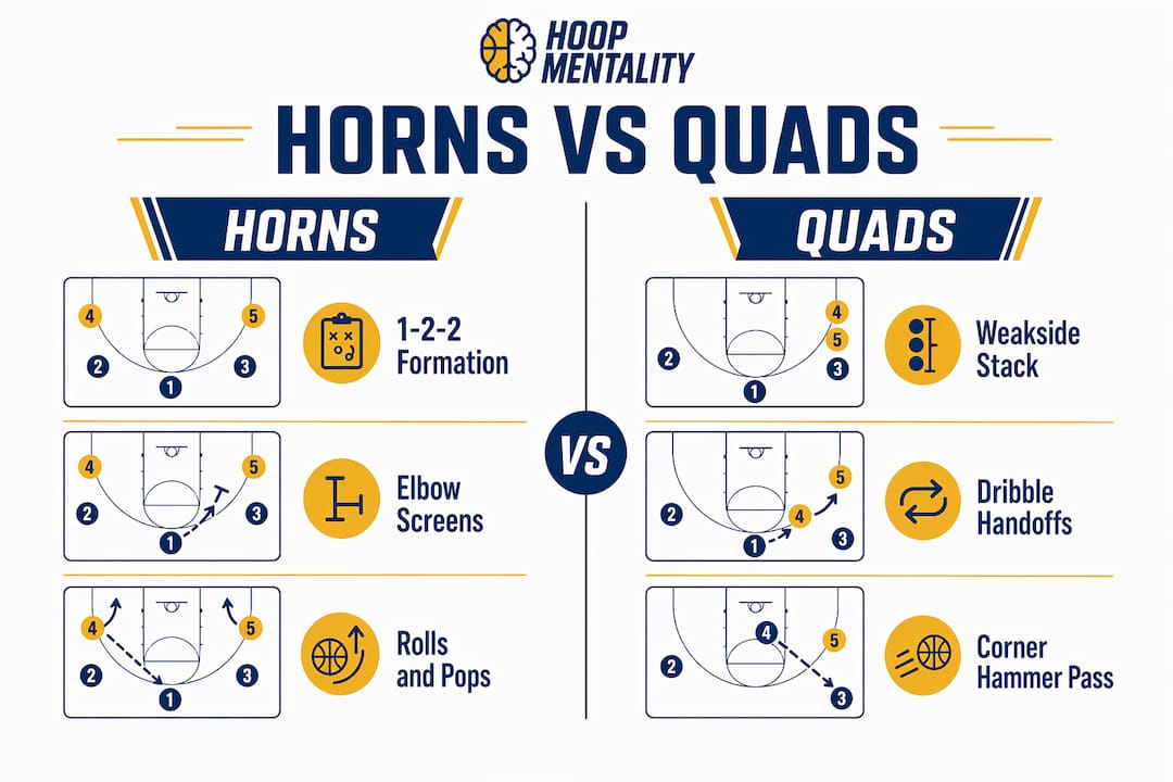 Infographic comparing Horns and Quads offensive sets