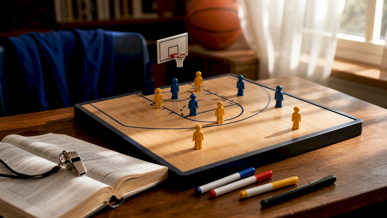 Overhead view of basketball zone defense miniatures on clipboard
