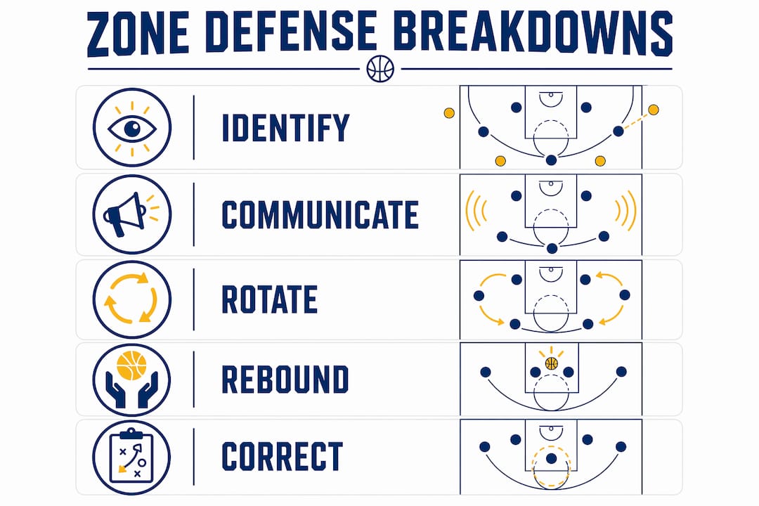 Infographic illustrating key steps to fix zone defense breakdowns