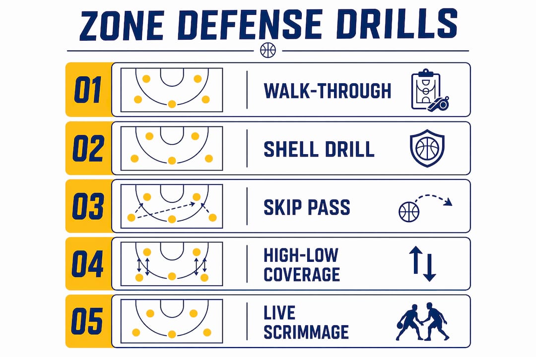 Infographic showing progressive zone defense drills