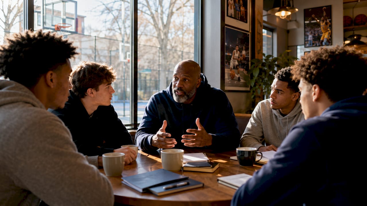 Coach leading team strategy meeting indoors