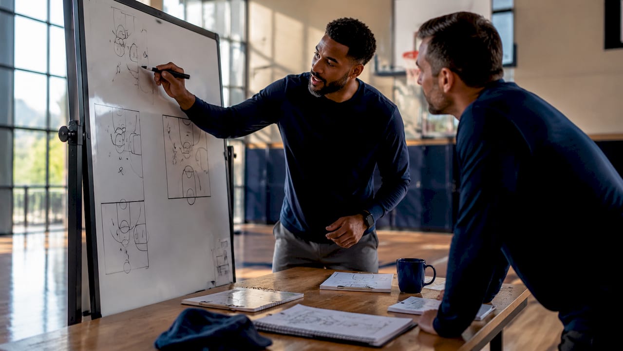 Coaches discussing defensive schemes on whiteboard