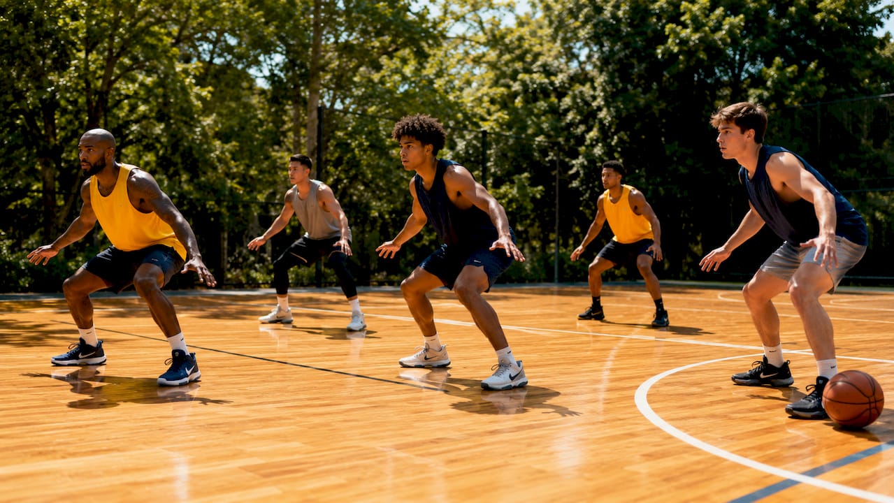 Overhead view of basketball defensive positioning drill