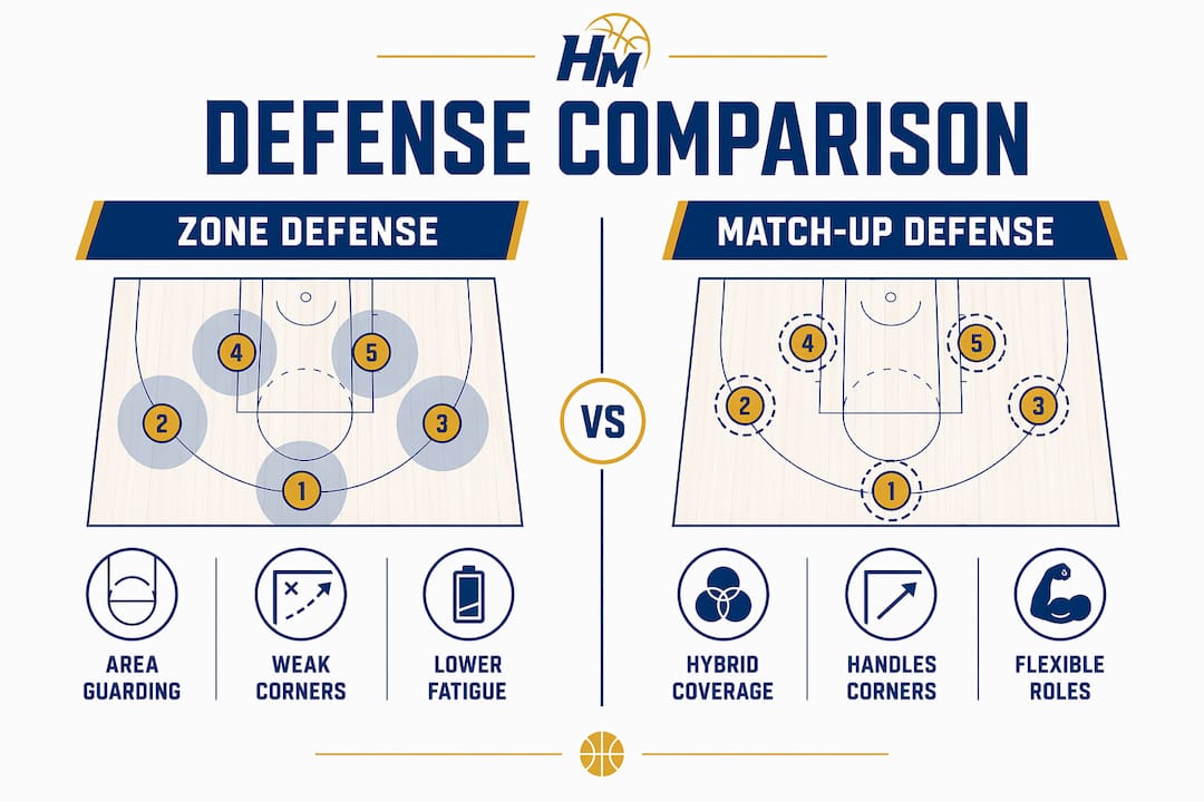 Infographic contrasting match-up defense and zone defense benefits
