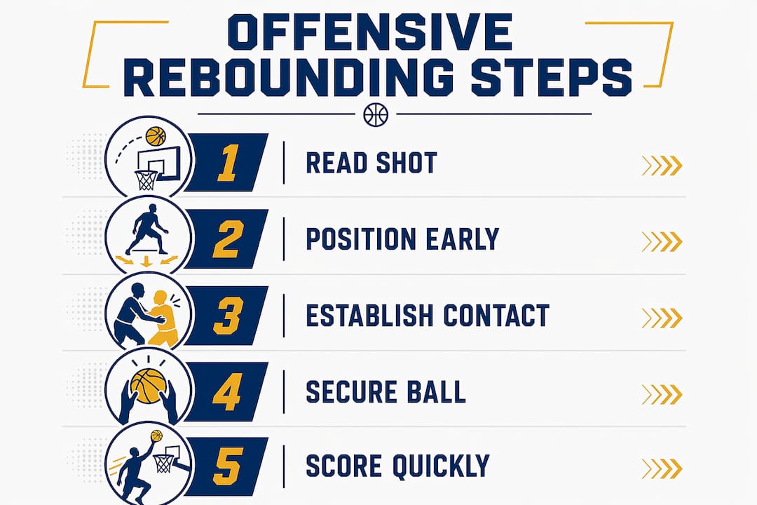 Infographic with steps for offensive rebounding process