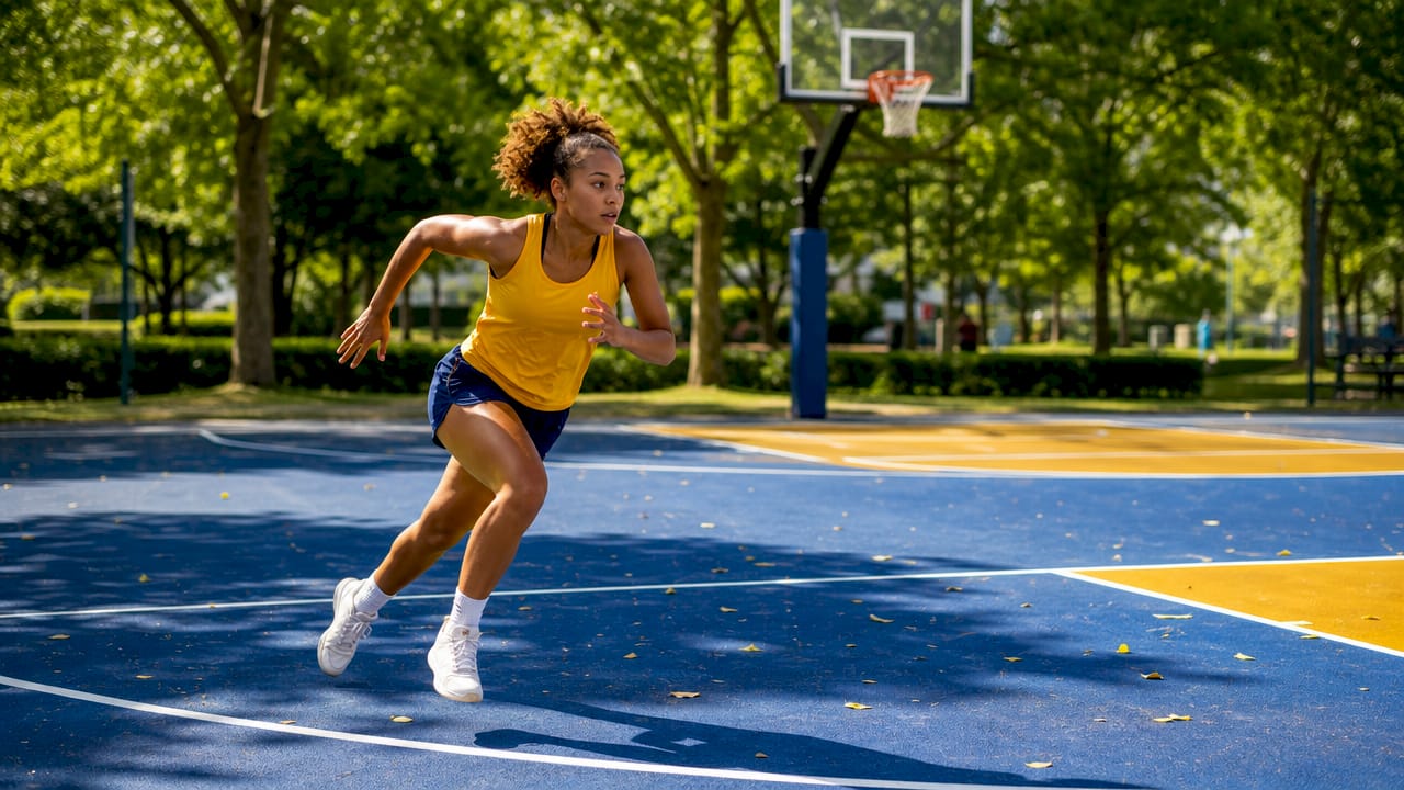 Female basketball player sprinting on outdoor court