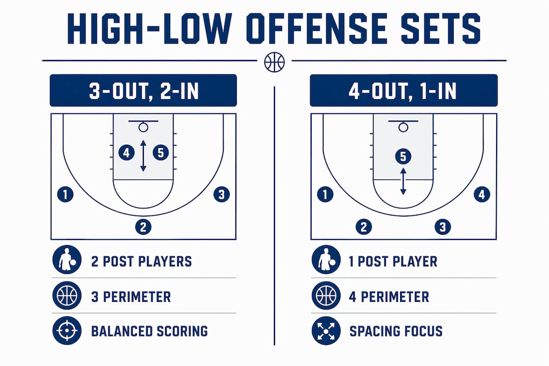 Infographic comparing basketball high-low offense formations