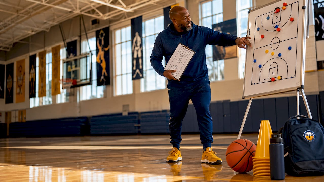 Coach explaining baseline inbound play with clipboard