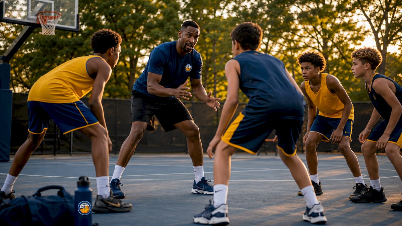 Coach teaching youth rebounding drill