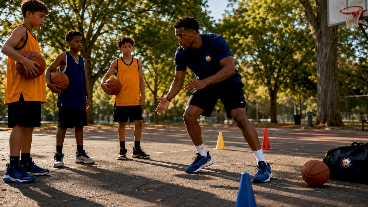 Coach teaching basketball footwork drill indoors