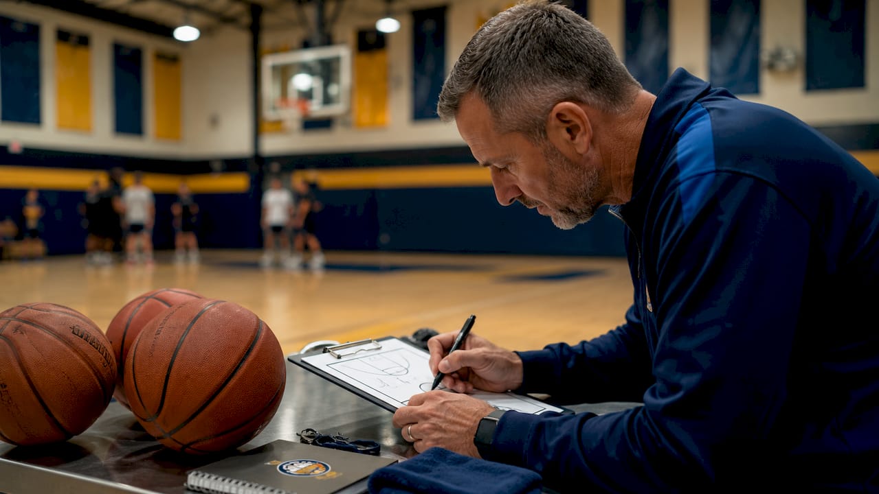 Coach studying basketball defense clipboard