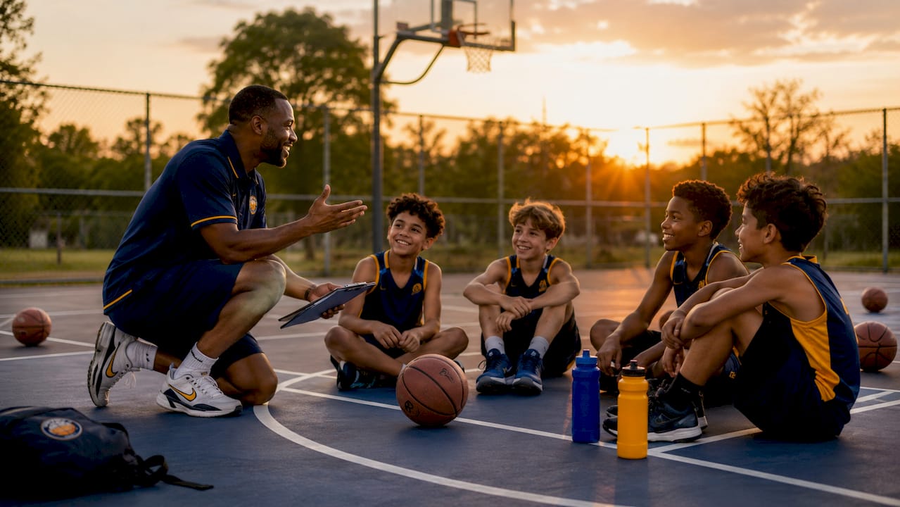 Coach encouraging young basketball players outdoors