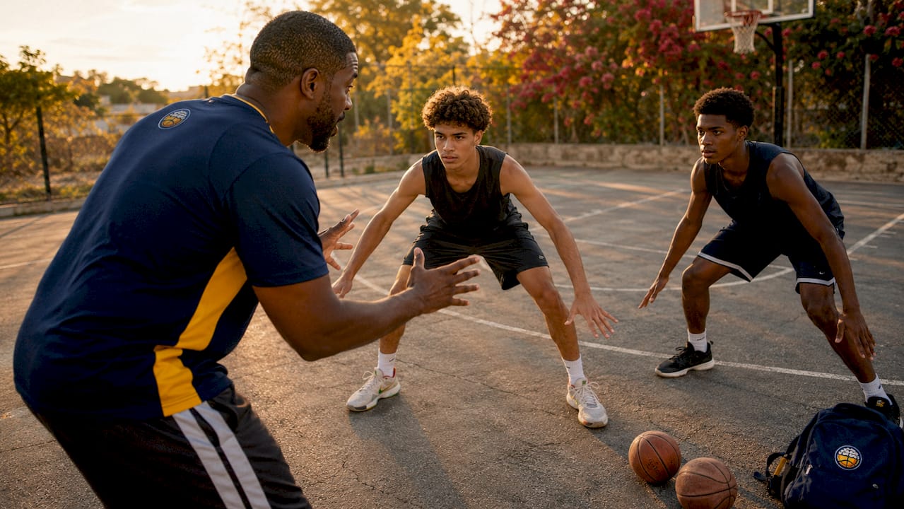 Coach instructing players on defense drills