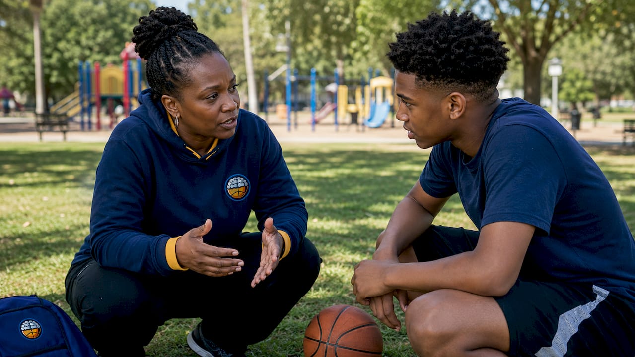 Coach engaging in trust-building conversation with athlete