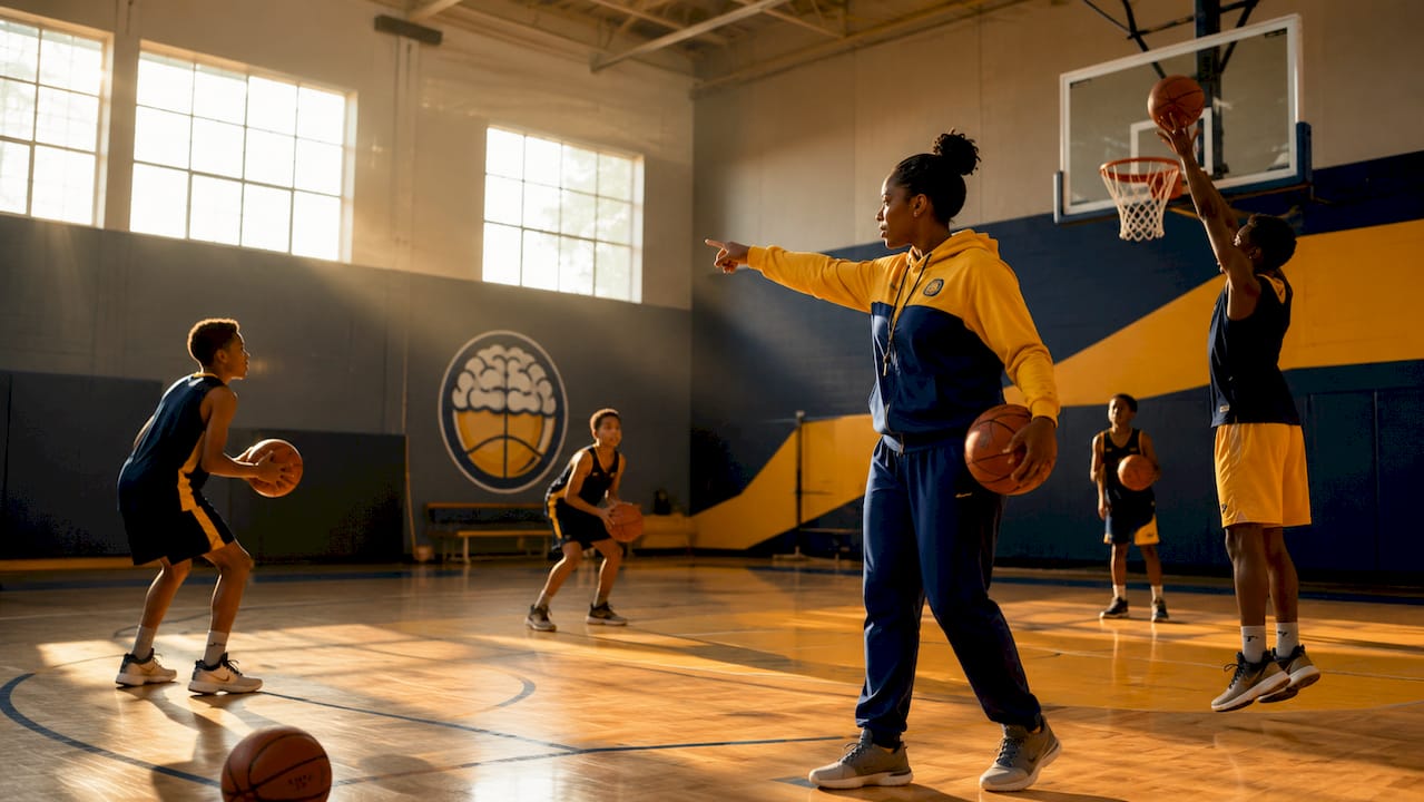 Coach leading basketball team ritual on outdoor court