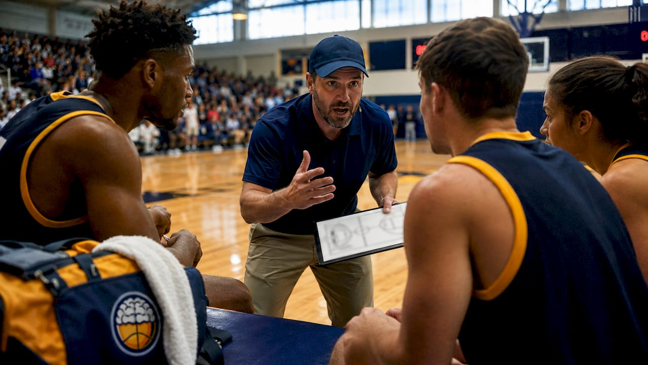 Coach discussing rotations with basketball players
