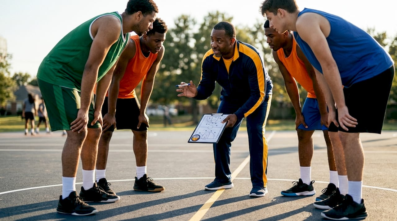 Coach instructing players spaced on court