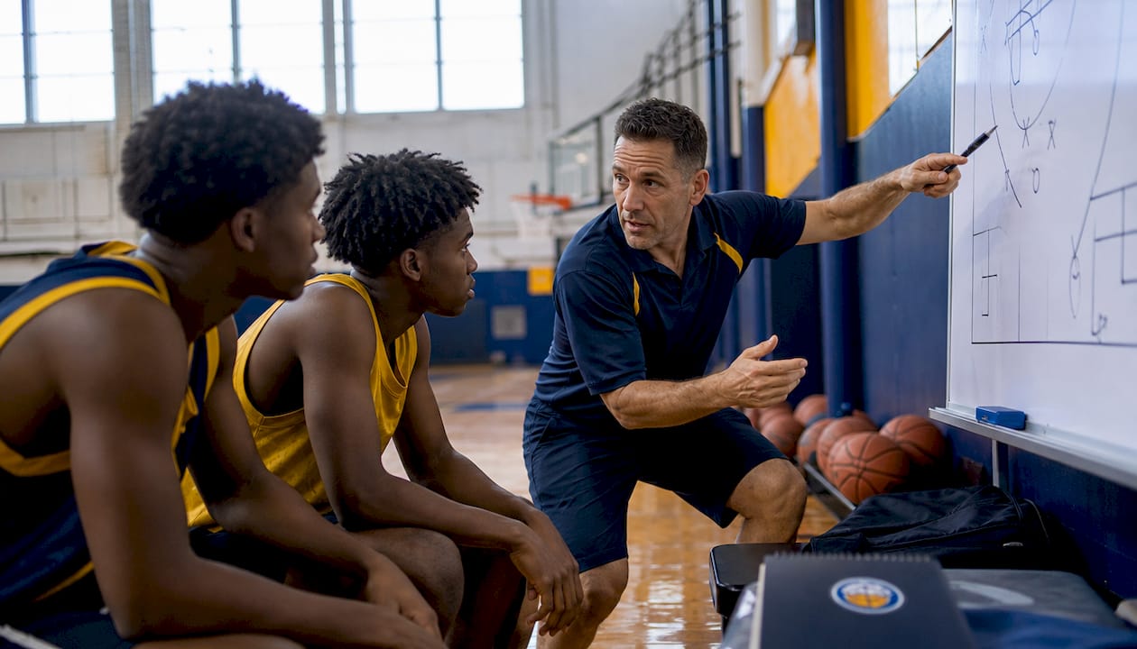 Coach explaining defense to basketball players