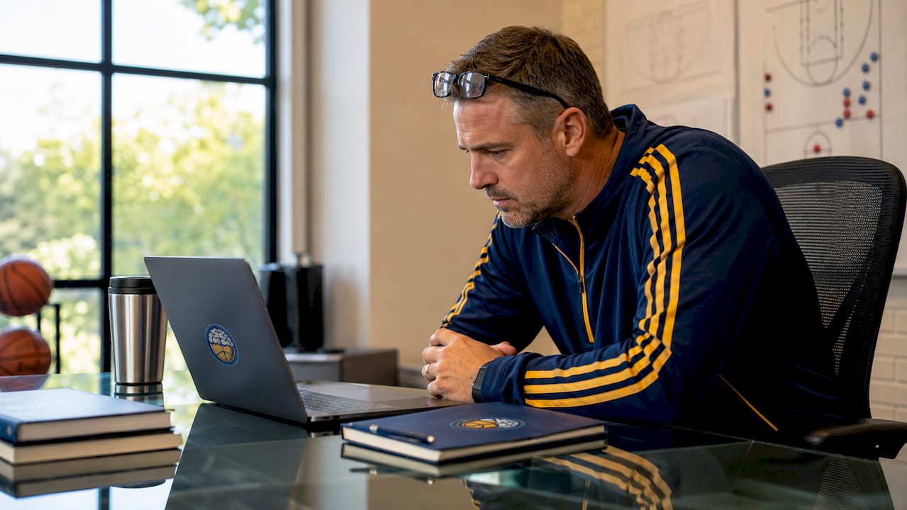 Coach reviewing basketball game footage at desk