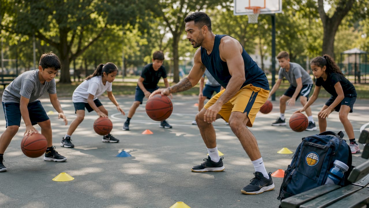 Coach demonstrating footwork to youth players