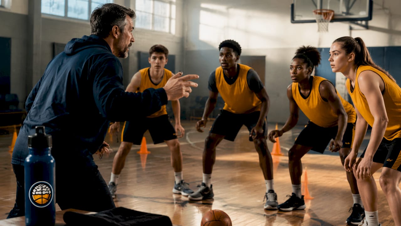 Coach explaining defensive tactics to players