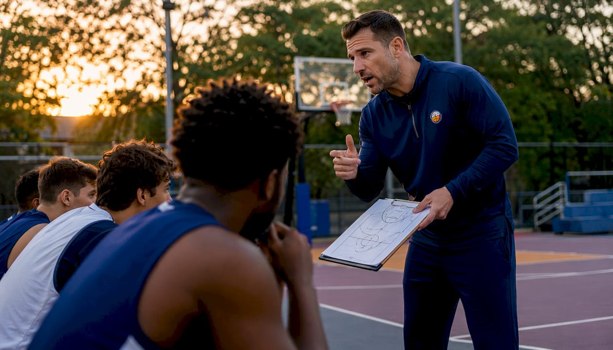 Coach explaining timeout plays to players