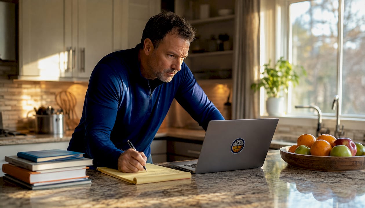 Coach working with laptop and notes