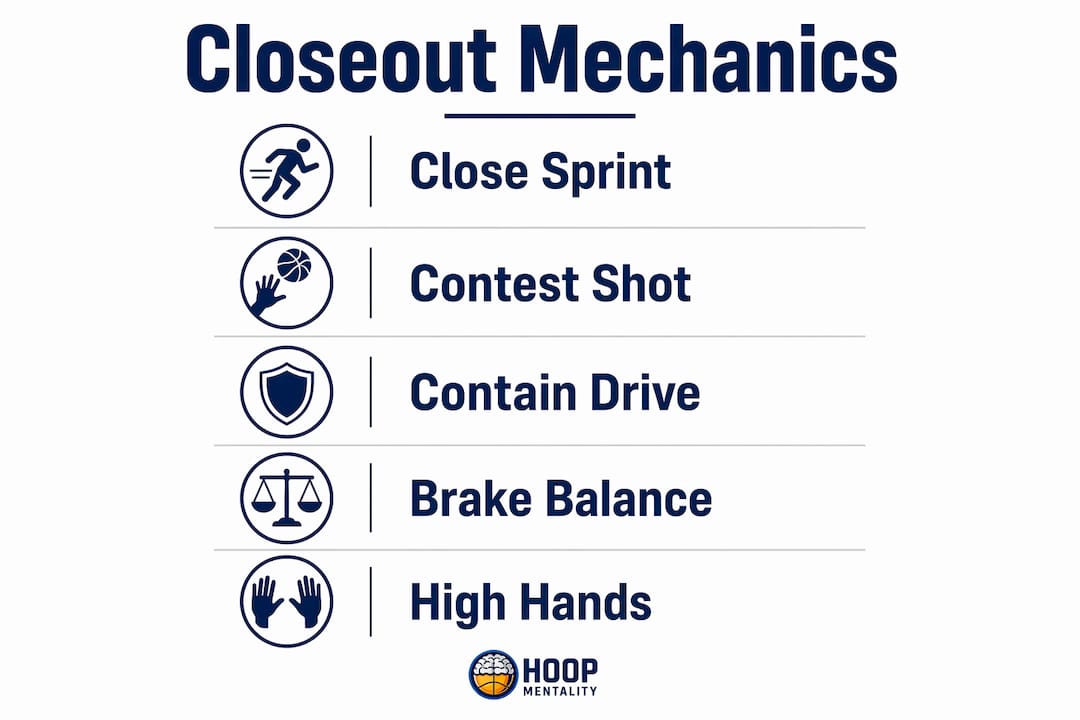 Infographic showing key mechanics of basketball closeouts