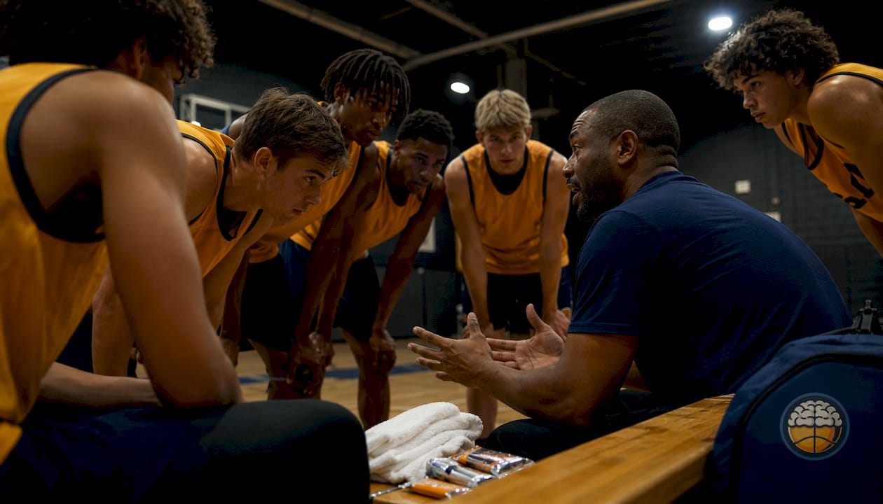 Basketball team huddle during timeout