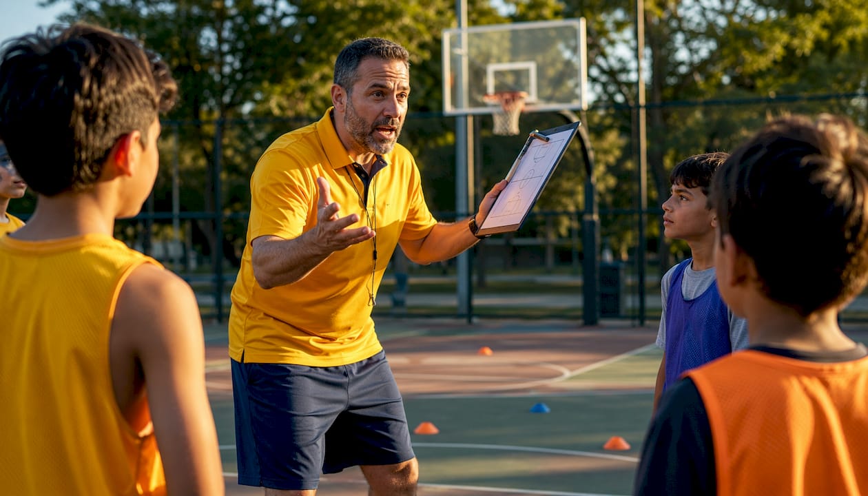 Coach instructing basketball players on court