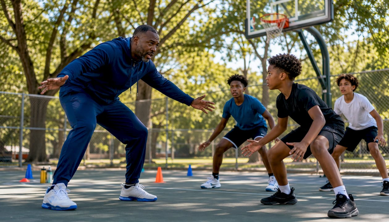Coach teaching defensive stance on basketball court