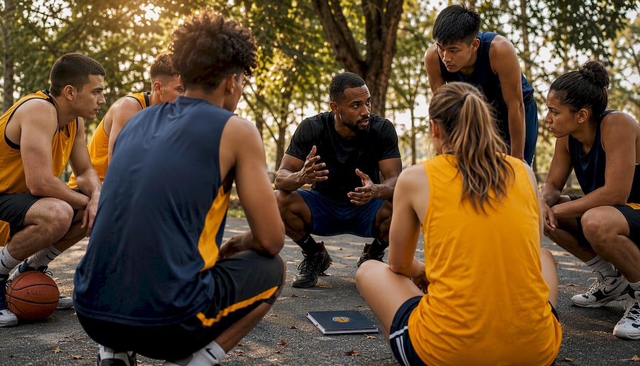 Player mentor leading team huddle on basketball court