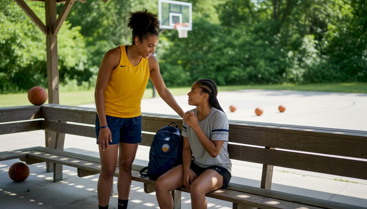 Mentor talking to younger athlete in locker room