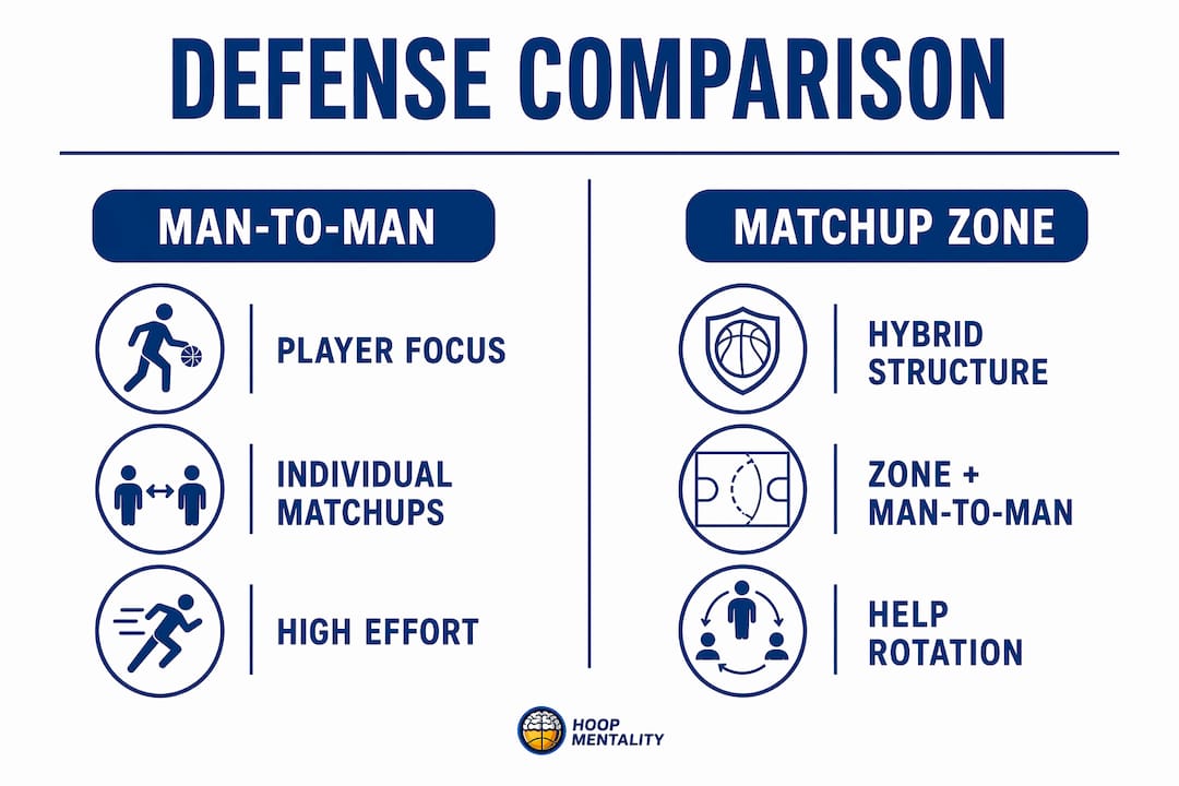 Infographic comparing man-to-man and matchup zone defense