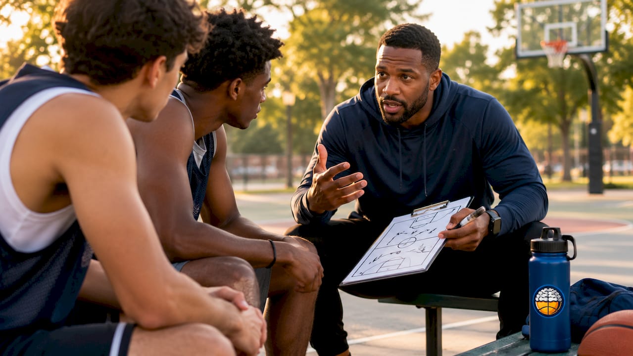 Coach communicating with basketball players on court