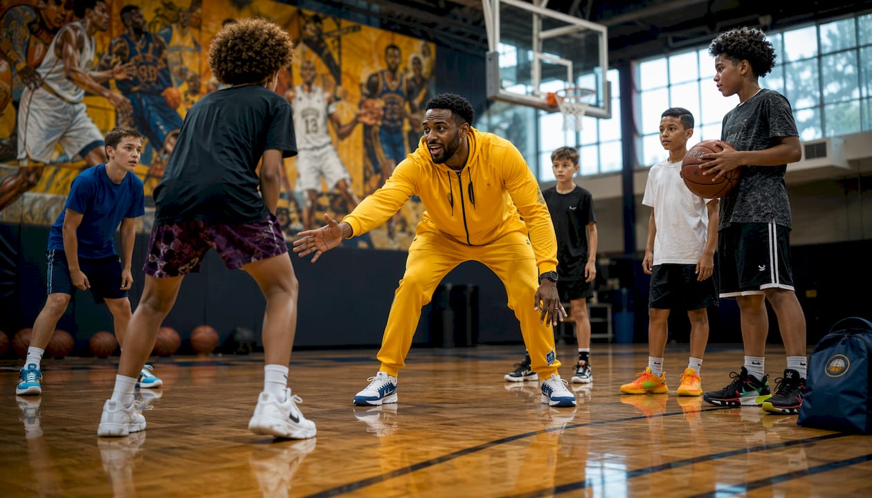 Coach instructing players during basketball open gym