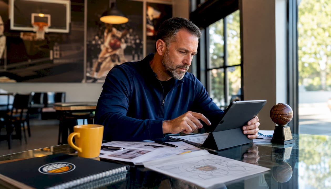 Coach reviewing scouting film on laptop
