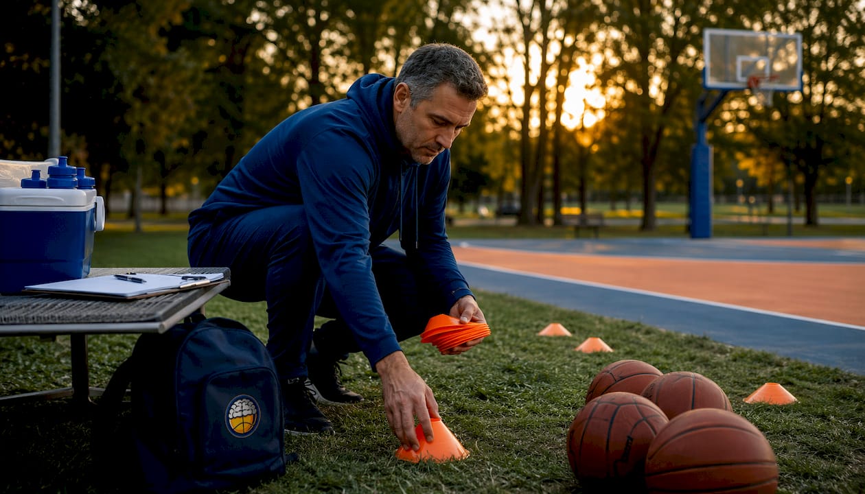Coach setting up basketball tryout gym