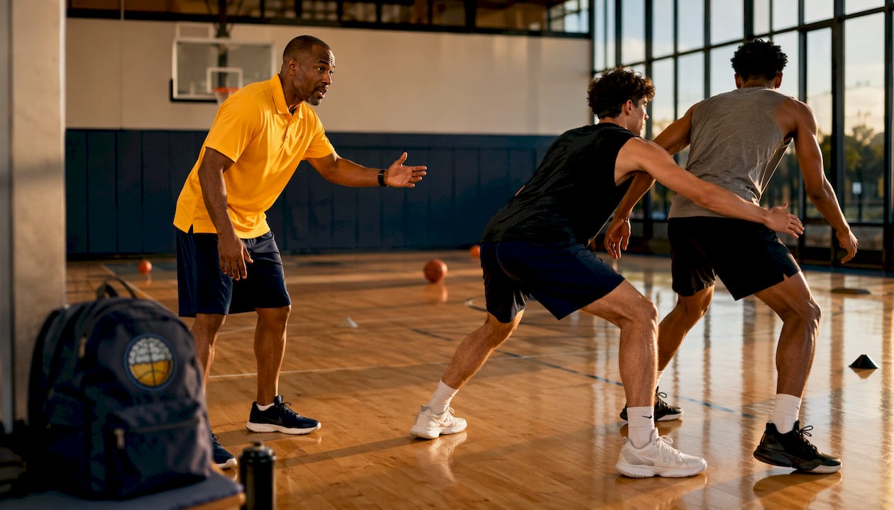 Coach instructing players on drag screen technique in gym