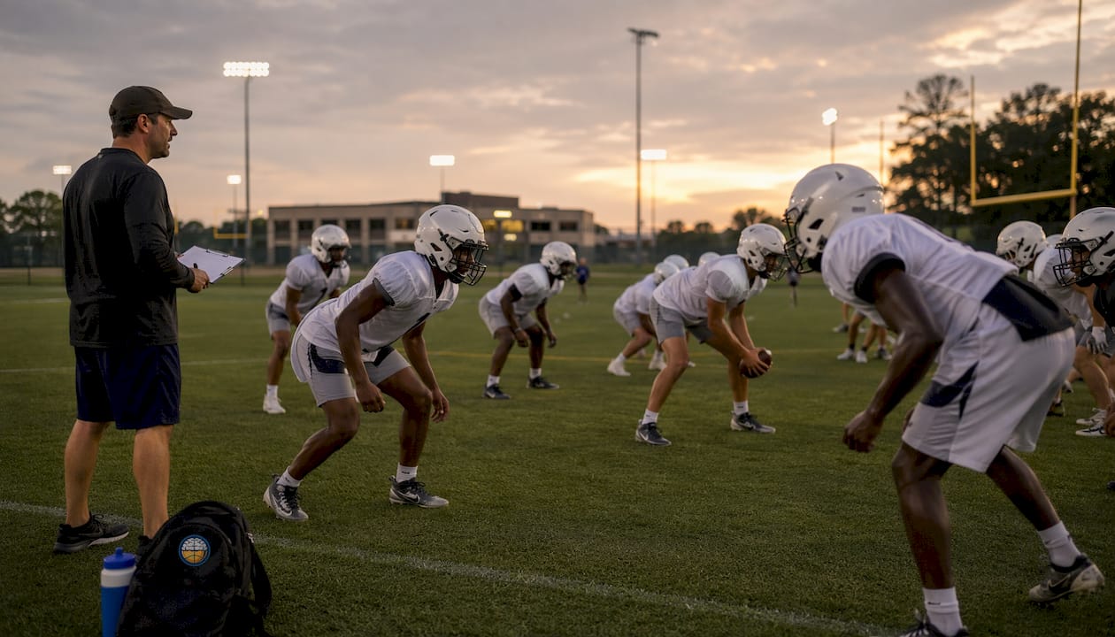 Football scout team practicing game plays outdoors