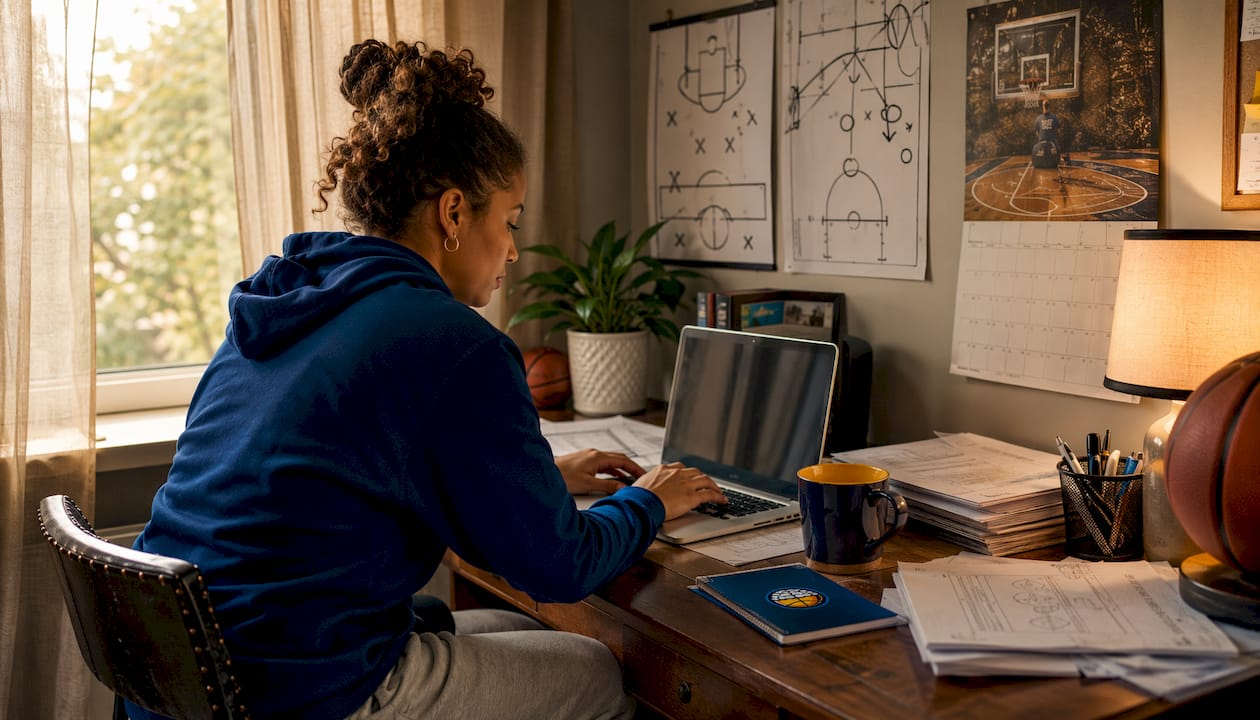 Coach using laptop for sports team management