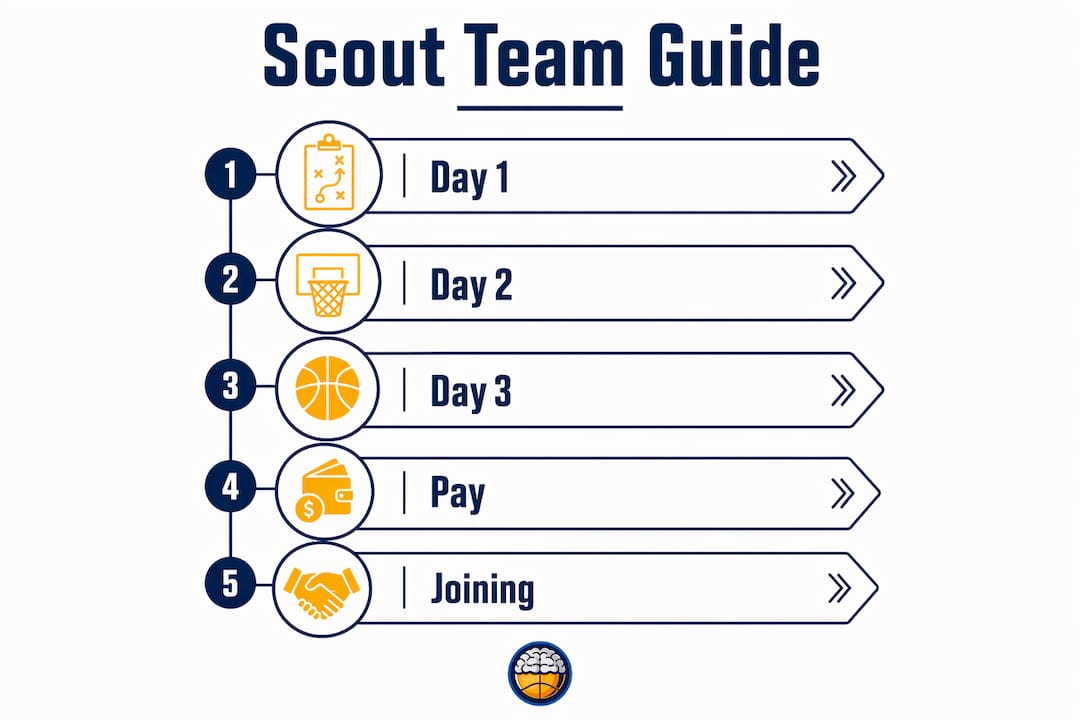 Infographic showing scout team roles, pay, and joining steps