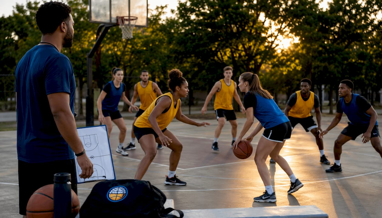 Basketball team practicing a set play on court