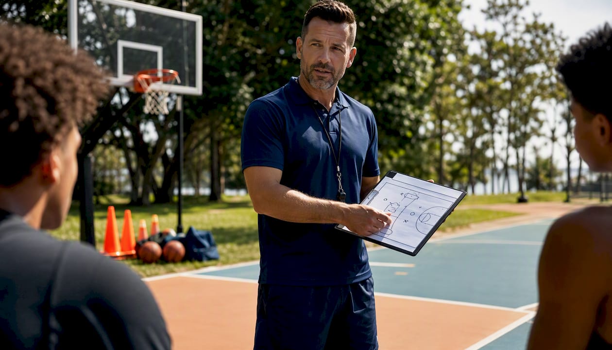 Basketball coach explaining a set play clipboard