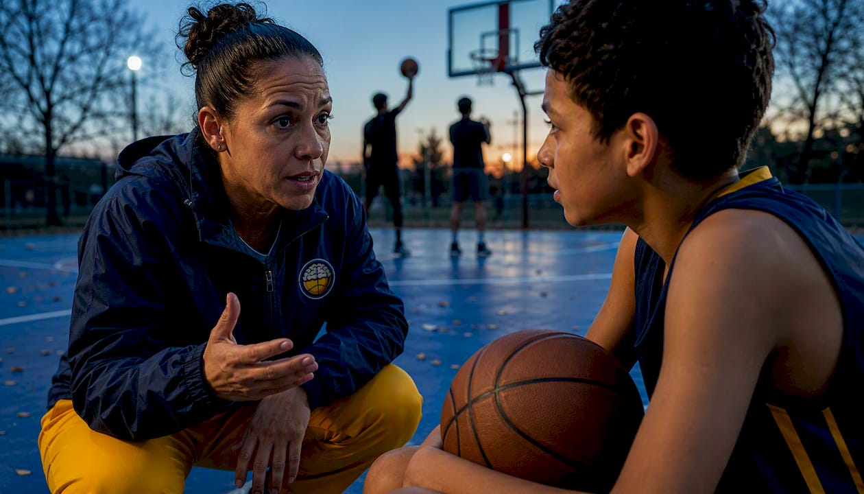 Coach discussing with player on outdoor basketball court