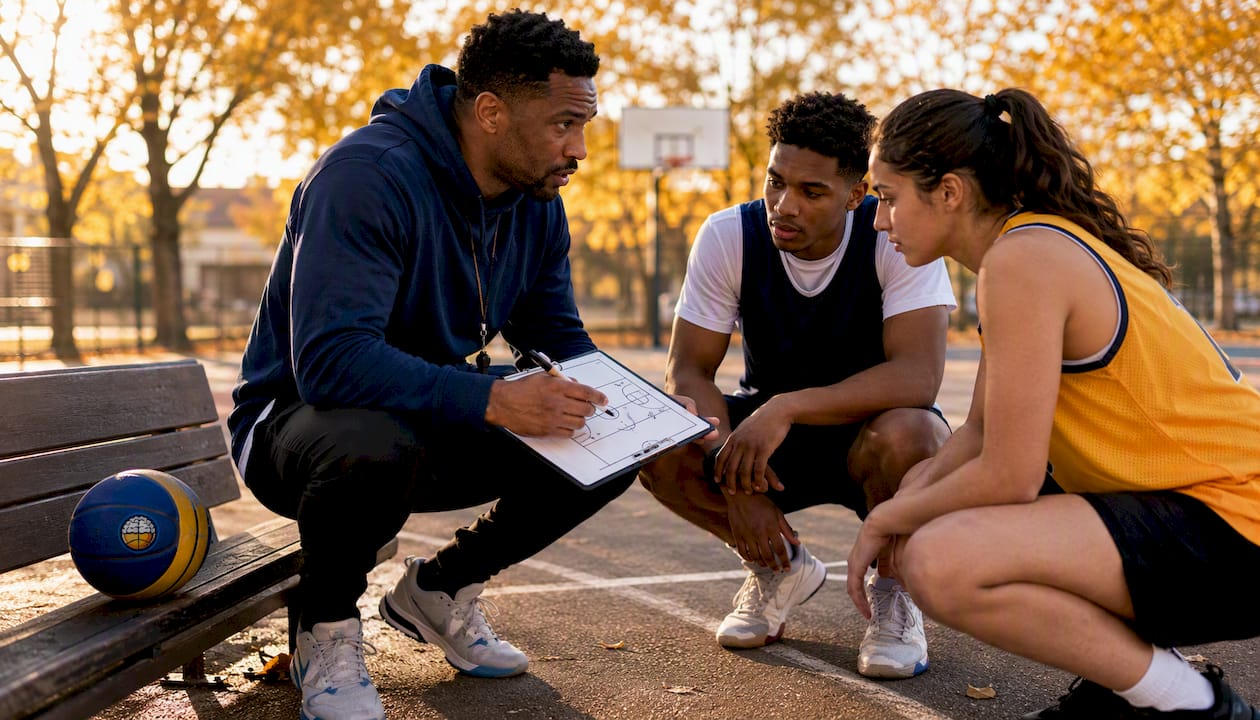 Coach explaining plays to players on basketball court