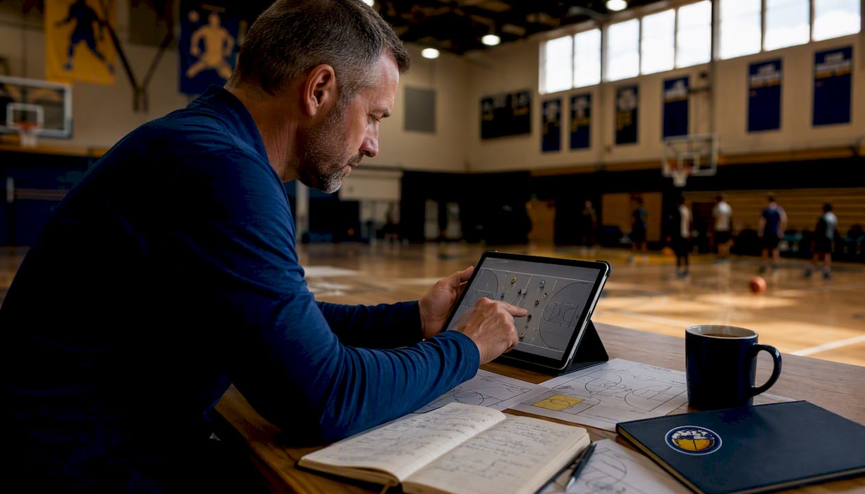 Coach drawing plays on basketball app tablet