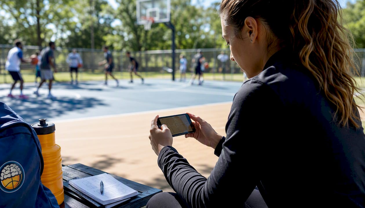 Hands holding phone showing animated basketball play